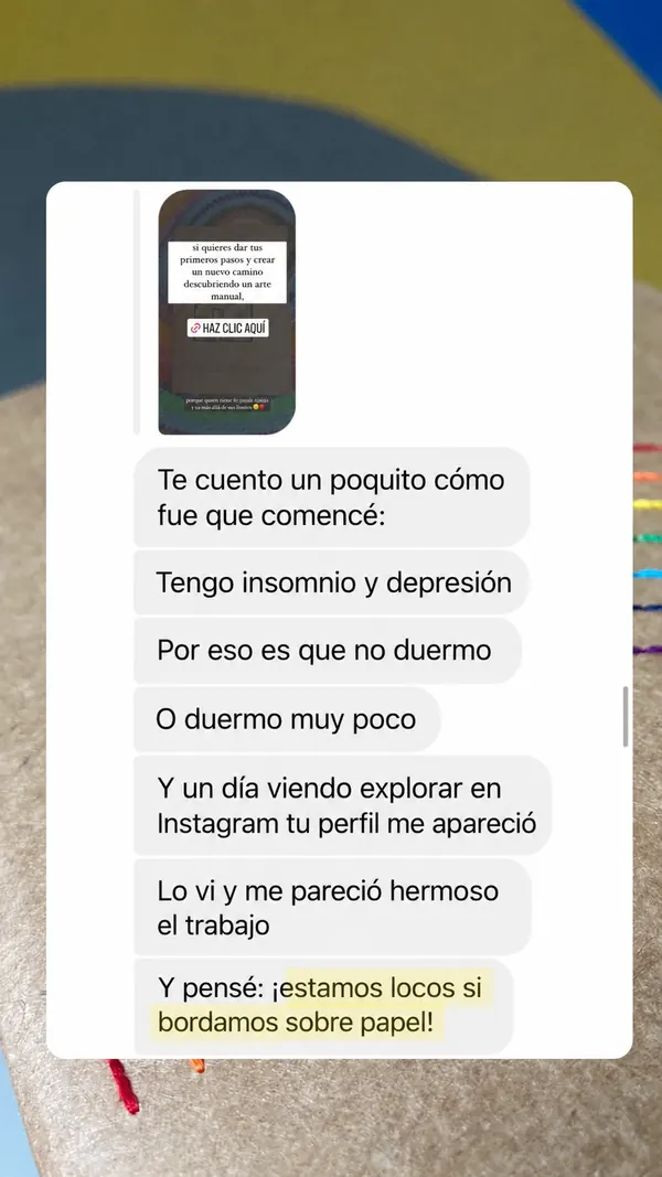 Mensaje real de una alumna de Bordados de Refugio en Papel