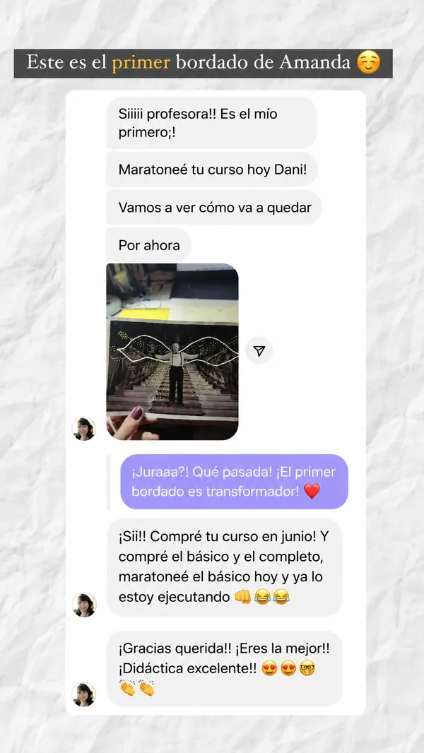 Mensaje real de una alumna de Bordados de Refugio en Papel