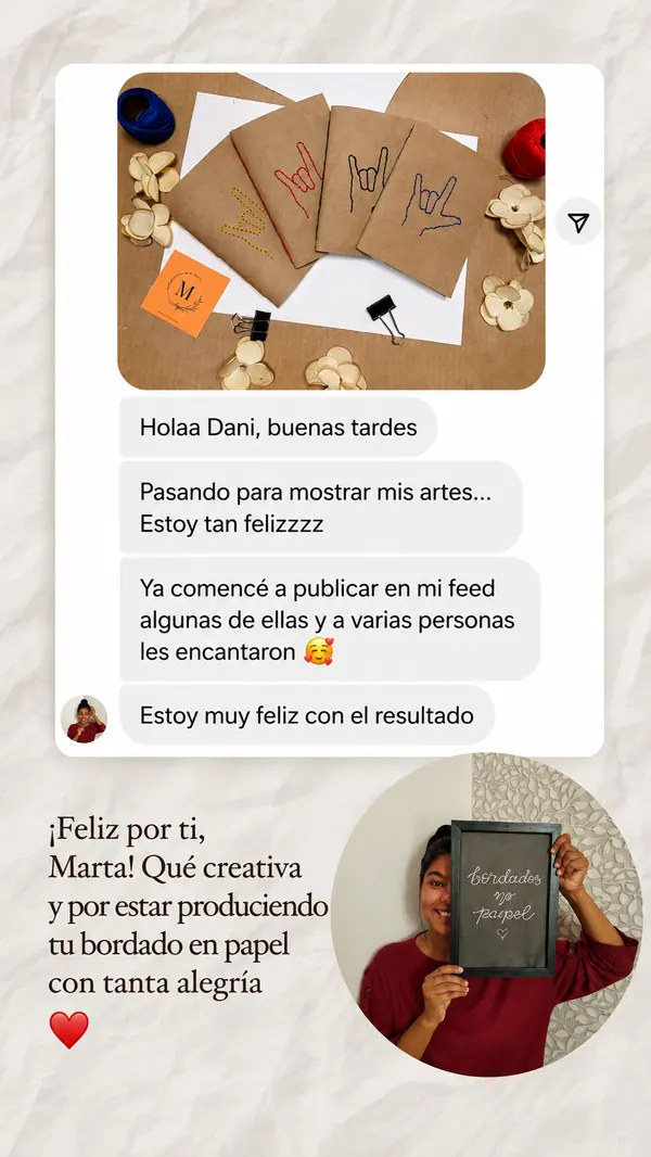 Mensaje real de una alumna de Bordados de Refugio en Papel